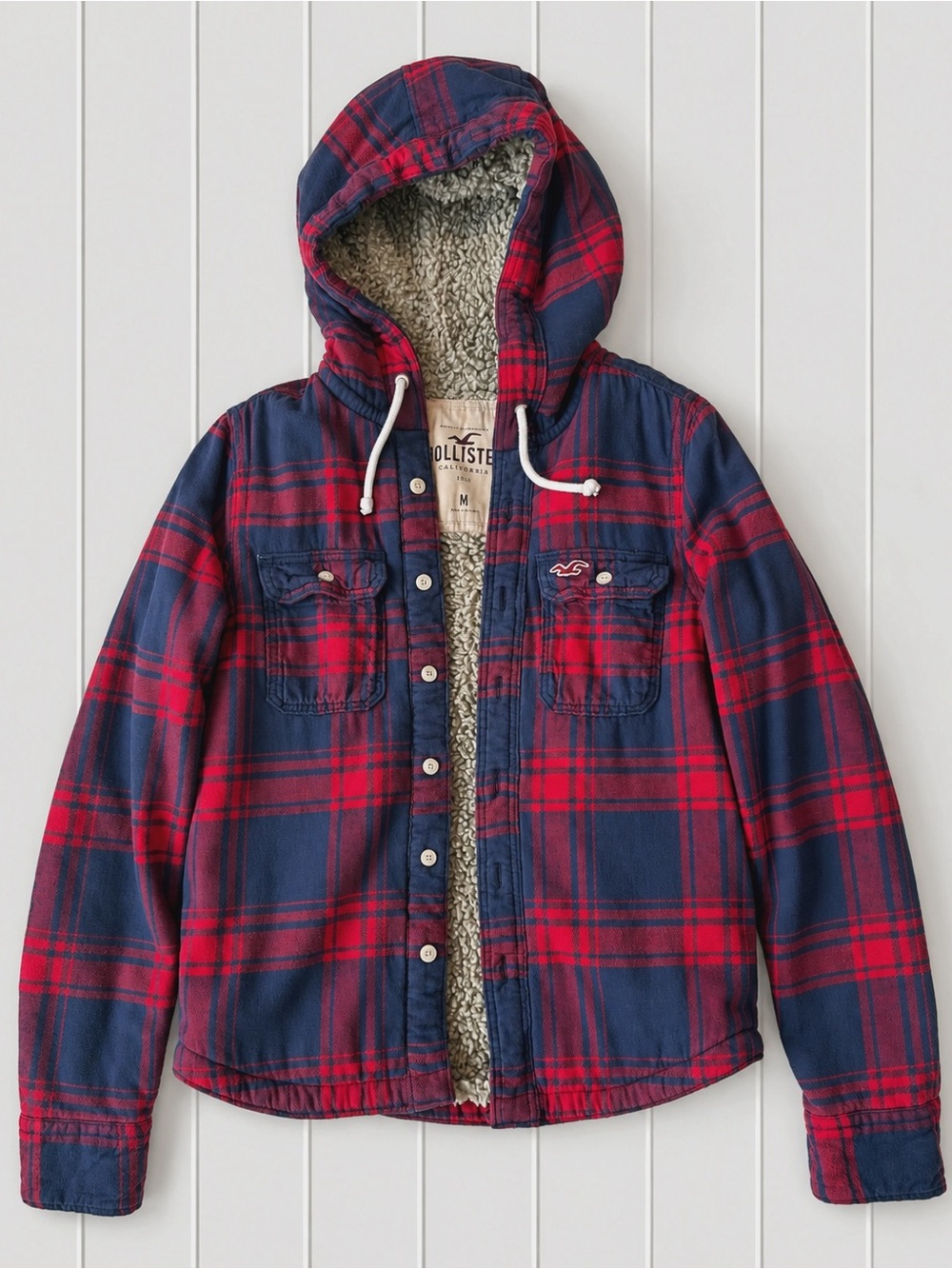 Y2K Hollister Men Navy Red Flannel Plaid Sherpa Fur Lined Hooded Jacket MEDIUM